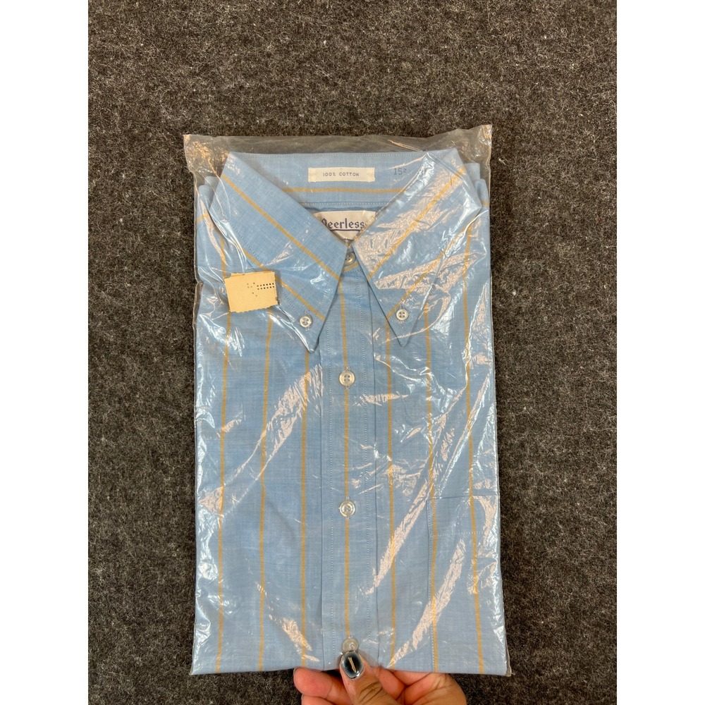 VTG 70s Peerless Button Down Shirt Mens 15.5 Blue Yellow Stripe Cotton Deadstock